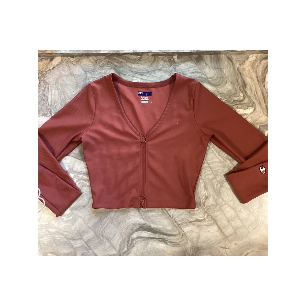 Champion Womens Ribbed Double Zip Long Sleeve Crop Top Mauve XS